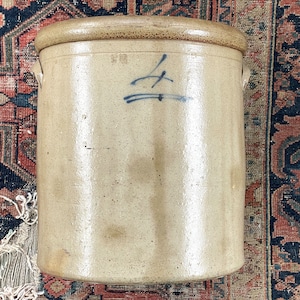 Antique Stoneware Crock #4: Primitive Brown Interior, Blue Lettering