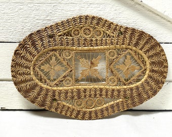 Vintage wicker trivet | Older trivet with brass feet | farmhouse kitchen trivet | Wicker wall decor trivet