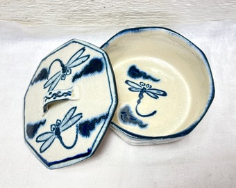 Dragonfly storage dish  | Dragon fly blue and white dish with lid made in Japan | insect decor | Dragon flies jewelry box | ceramic storage