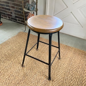 Vintage Industrial Stool: 24&quot; Angle Steel Frame, Hardwood Seat
