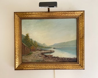 Antique seascape by G.M. Gunsteens dated 1897 | Antique oil painted of boats on the banks of the sea at Kate's Vintage Market
