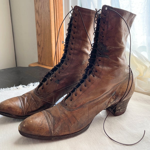Antique Women's brown leather high top lace up boots | Antique boots | Prairie boots with FREE SHIPPING USA