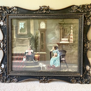 Antique Victorian Lithograph Print: Playmates in Ornate Wood Frame