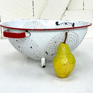 Vintage Enameled Metal Colander: White Strainer with Red Rim (11 inches)