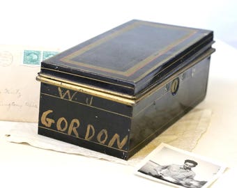 Bank box, Black vintage bank box with the name Gordon on the side, document box at Kate's Vintage Market