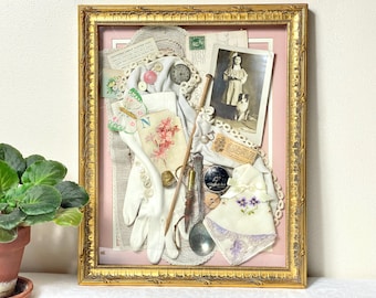 Victorian Shadow Box Art: Framed Keepsake with Gloves & Ephemera