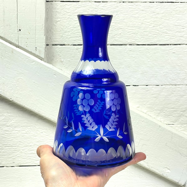 Vintage Bohemian blue glass water carafe decanter | Vintage cobalt cut crystal water decanter at Kate's Vintage Market