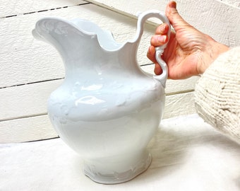 Vintage Ironstone Water Pitcher: Large White California Pottery