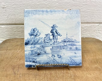 Vintage Decorative tile from Holland | Blue and white antique tile made in Holland | Hand painted ceramic at Kate's Vintage Market