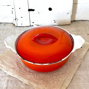 Small flame orange enameled cast-iron dutch oven from Belgium at Kate&#39;s Vintage Market