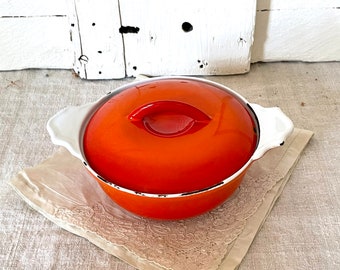 Small flame orange enameled cast-iron dutch oven from Belgium at Kate's Vintage Market