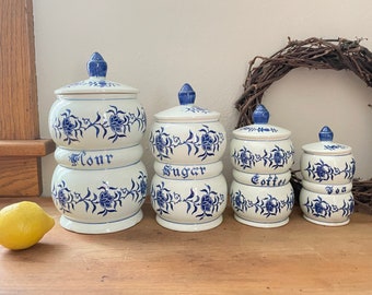 Cobalt kitchen jars | Vintage Royal Sealy Japan ceramic canisters in cobalt and white | vintage canisters | kitchen jars in cobalt and white