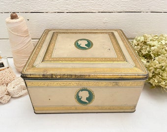 Vintage cookie tin | White and gold tin | old tins | Vintage storage box