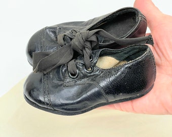 Victorian leather baby shoes | Antique black leather baby shoes | Boys black leather baby shoes