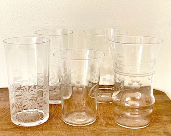 Vintage Etched Glass Tumblers - Set of 5 Collectible Barware