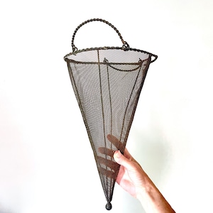 Antique Wrought Iron Cone Basket: Vintage Wall Hanging, 17 in Long