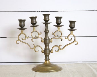 Vintage Brass Candelabra: Ornate 5-Candle Holder, 10.5" Tall