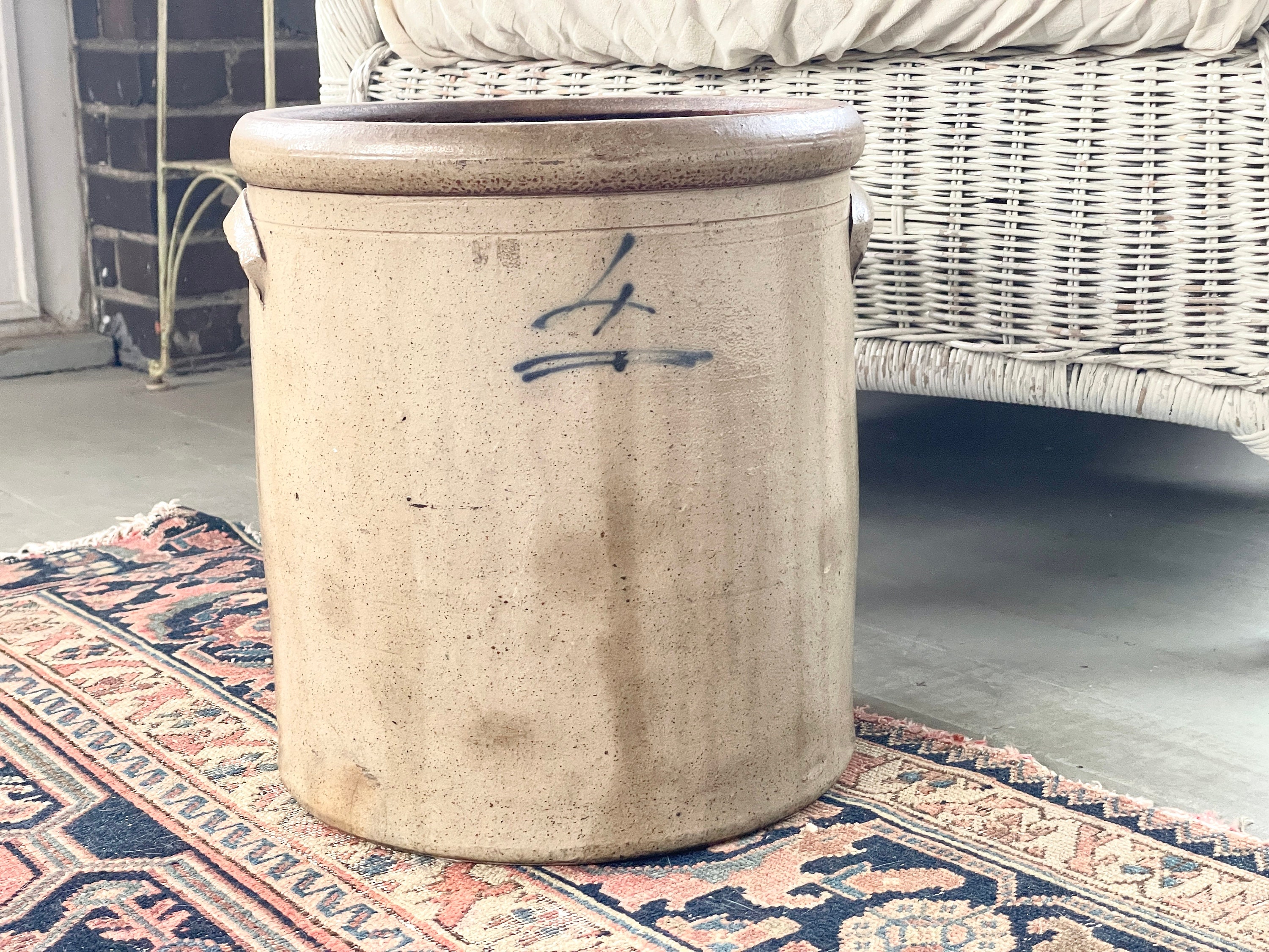 アンティーク陶器製壺 #4：素朴な茶色の内装、青い文字 - Etsy 日本