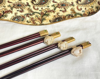 Chopsticks | Wooden chopsticks with original paper seal | chopsticks with 3 knotted fabric holders at Kate's Vintage Market