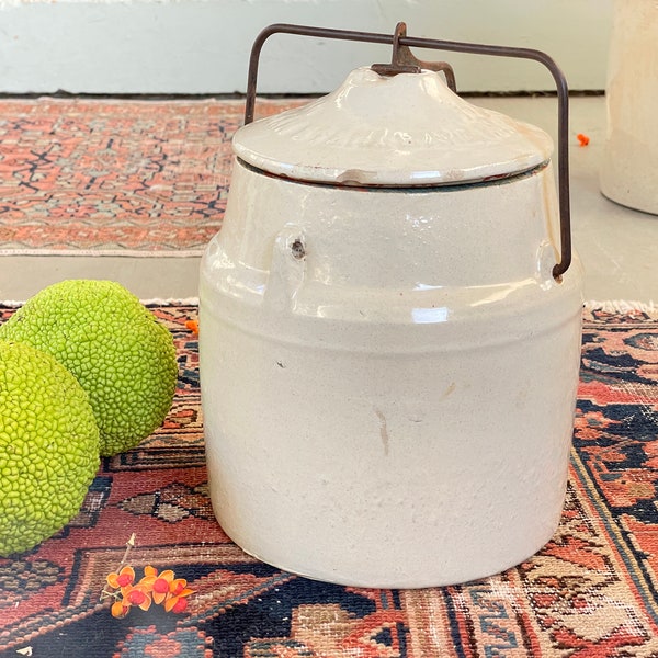 Weir stoneware storage jar with lid (3 quart) | vintage stoneware crock with lid | Antique white stoneware jar with lid | Sauerkraut crock