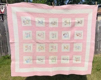 Antique Pink patchwork quilt | Vintage childs quilt | Antique pink child size quilt all hand stitched in wonderful condition | Circa 1930'