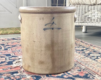 Antique Stoneware Crock #4 | Primitive #4 crock with brown interior and blue lettering | Vintage crock in solid condition but not perfect