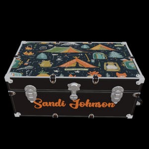 Camping Theme Custom Name Decal for Summer Camp Trunk – Tent & Campfire Design
