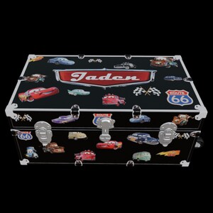 Custom Name Summer Camp Trunk Decoration – Racing Cars Movie Themed Vinyl Decal for Kids Boys
