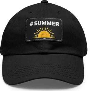 May include: Black baseball cap with a curved brim. The cap features a rectangular patch with the text "#SUMMER" above a graphic of a sun and two flip-flops. The hat is a solid black color.