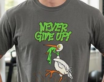 Never Give Up Frog and Stork Illustration T-Shirt | Motivational Animal Art