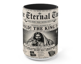 Graphic Christian Christmas vintage newspaper The King is here Accent Mug