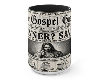 Christian Mug, 15oz Ceramic Gospel Gazette Graphic with Black Accent