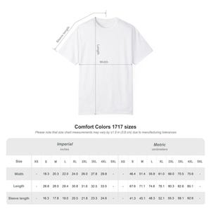 A size chart for t-shirts, showing imperial and metric measurements for width, length, and sleeve length across various sizes.
