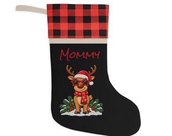 Christmas Stocking, Personalized Linen Boot with Reindeer Buffalo Plaid Cuff