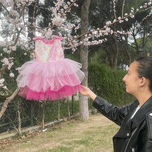 Elegant pink baby girl dress with fluffy tutu, sequin top, perfect for first birthday, cake smash, flower girl or fancy toddler party