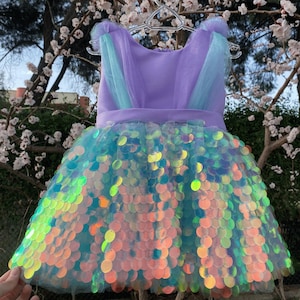 Magical Mermaid Pastel Sequin Dress for Girls | Sparkly Party Dress with Bow | Fairy Tale Outfit