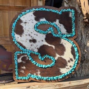 Rustic Western Cowhide and Turquoise Wooden Letter – 12” Custom Initial