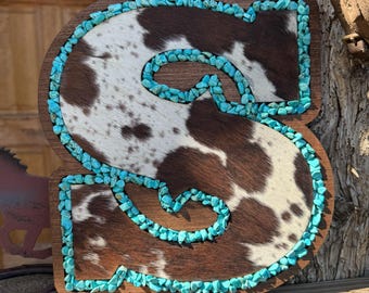 Rustic Western Cowhide and Inlay Wooden Letter – Custom Initial
