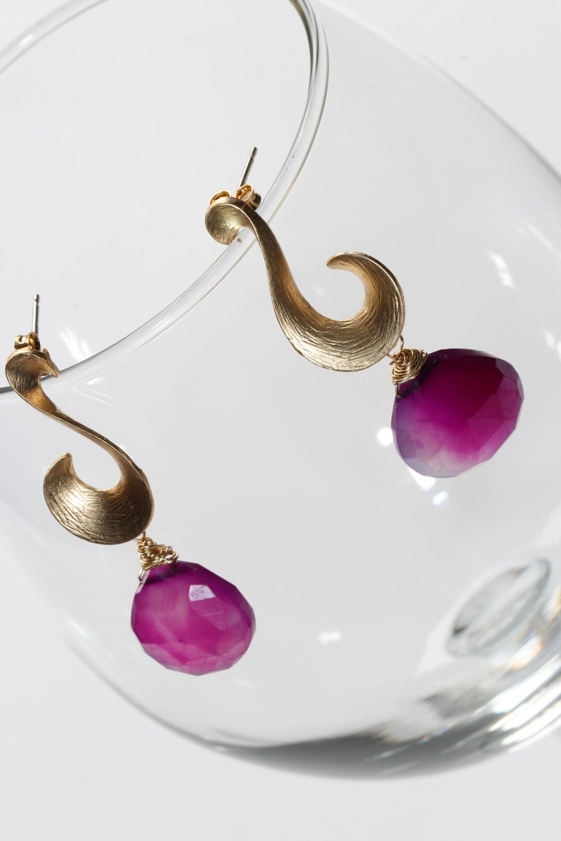 Mystic Amethyst Chalcedony Briolette Gold Swan Post Earrings Mystic Swan Earrings