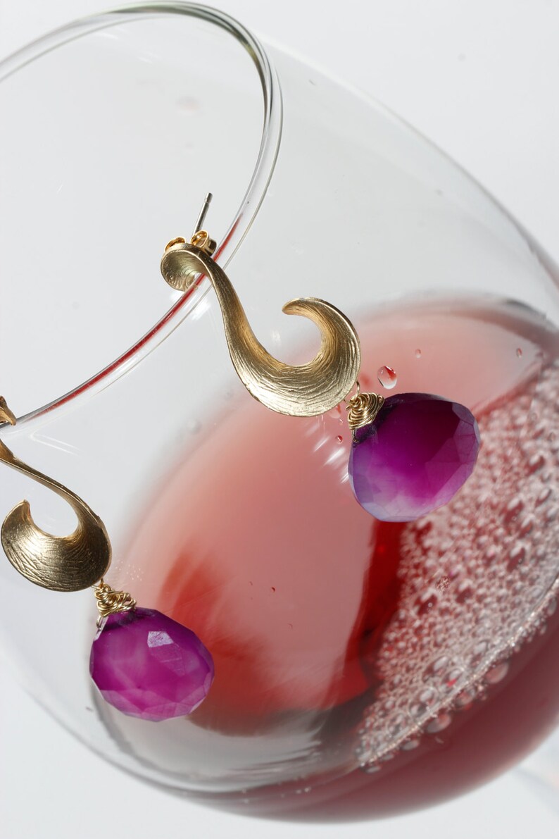 Mystic Amethyst Chalcedony Briolette Gold Swan Post Earrings Mystic Swan Earrings