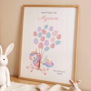 Affiche arbre à empreintes Licorne personnalisé fille rose – Licorne & ballons– Déco baptême, anniversaire, baby shower fille