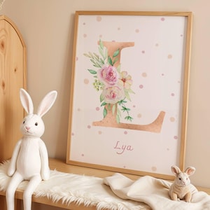 Affiche de naissance fille personnalisée – Monogramme fleuri lettre & prénom – Décoration chambre bébé rose – Cadeau naissance