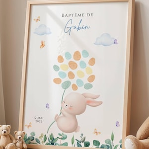Affiche arbre à empreintes personnalisé fille garcon – Lapin & ballons– Déco baptême, anniversaire, baby shower