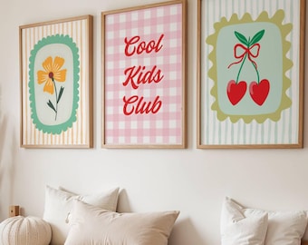 Set of 3 children's posters - Cool Kids Club, cherries and colorful flowers - Wall decoration for bedroom or playroom - Digital poster