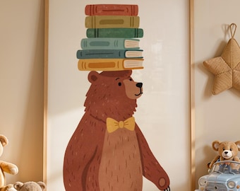 Bear Poster for Children with Books, Animal Nursery Poster for Baby's Room, Children's Reading Corner Decoration, Scandinavian Nursery Illustration