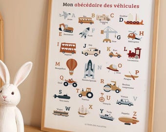 Personalized Vehicle Alphabet - Educational Poster for Children - Boy's Room Decor - Baby Shower or Birthday Gift - Nursery Wall Art