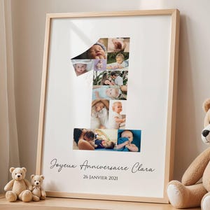 Affiche  Photos Bébé 1 an Personnalisée – Poster 1 An avec 12 Photos – Cadeau Anniversaire Bébé – Décoration Chambre Enfant