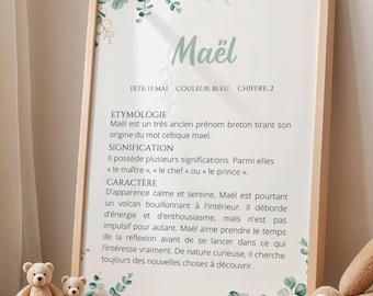 Affiche signification prénom enfant , étymologie & caractère prénom - cadeau liste de naissance - Décoration chambre bébé eucalyptus