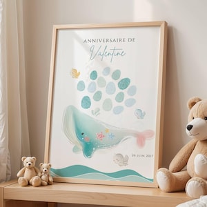 Peut inclure: Une affiche encadrée blanche avec une baleine bleue et un arbre à empreintes digitales bleu et vert. L'affiche indique "Anniversaire de Valentine 26 Juin 2017".