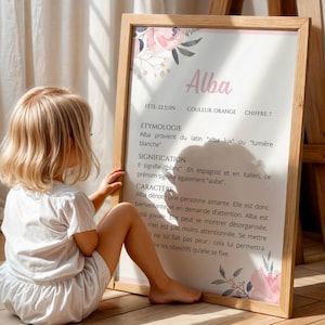 Affiche signification prénom enfant rose , étymologie & caractère prénom - cadeau liste de naissance - Décoration chambre bébé